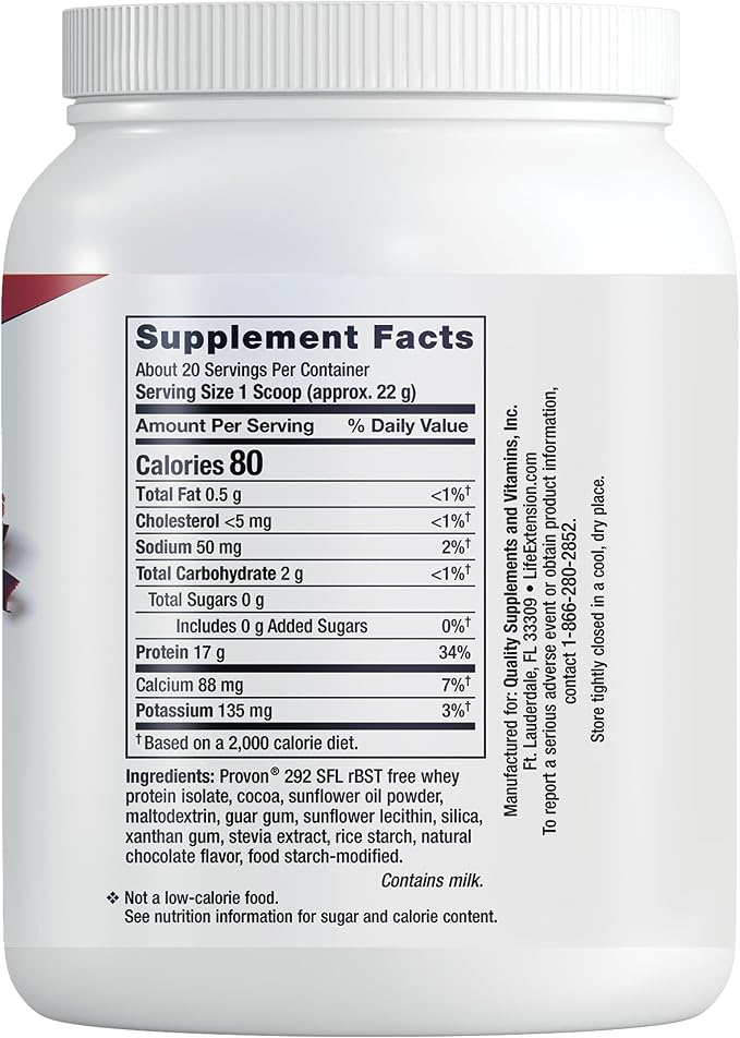 Life Extension Wellness Code® Whey Protein Isolate (Chocolate) Protein and branched-Chain Amino acids for Muscle Growth &amp Immune Health no Sugar Added Gluten Free Non-GMO 437 Grams 20 Servin