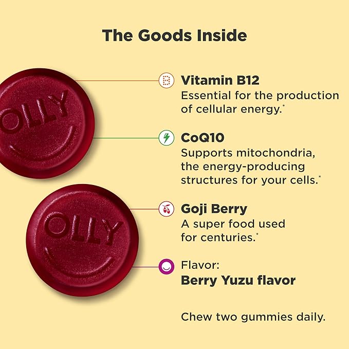 OLLY Extra Strength Daily Energy Gummy Caffeine Free 1000mcg Vitamin B12 CoQ10 Goji Berry &amp Probiotic + Prebiotic Gummy Digestive Support and Gut Health 500 Million CFUs Fiber