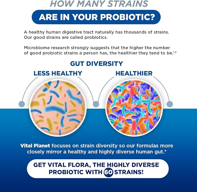 Vital Planet - Vital Flora Adults Over 55 Daily Probiotic 60 Billion CFU Diverse Strains Organic Prebiotics Immune and Digestive Health Shelf Stable Probiotics for Women and Men 30 Capsules