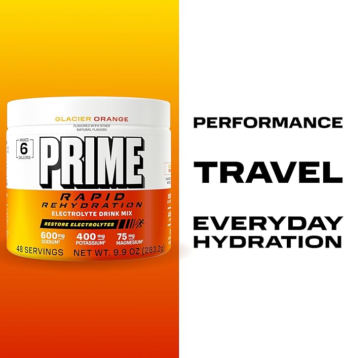 Prime Rapid Rehydration Electrolyte Powder Glacier Orange Sugar Free Hydration Drink Mix with Sodium Potassium Magnesium &amp B Vitamins to Replenish Fluids Caffeine Free 6 Gallon Tub 48 SRV