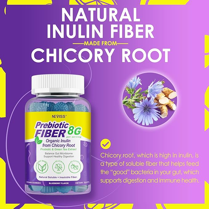 8G Fiber Gummies with Probiotics Fiber Supplement with 25 Billion CFU Probiotics Blend Inulin Green Tea Extract Support Digestive Health Regularity No Sugar Added Daily Gummy for Adults 120Cts