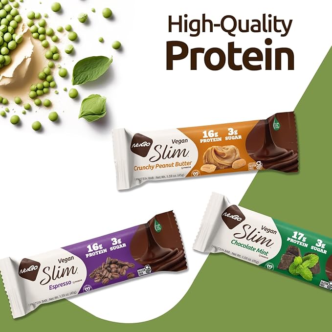 NuGo Slim 24ct Vegan Variety - Crunchy Peanut Butter 12 bars &amp Toasted Coconut 12 bars Low Net Carb Keto Friendly 16-17g Plant Based Protein Keto Friendly Gluten Free 24 count