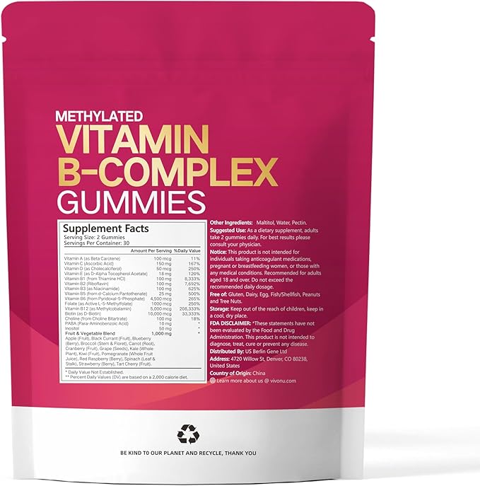 VivoNu Multivitamin Methylated Vitamin B Complex Gummies Vitamin B12 B6 B1 B2 B3 B5A C D E and Folate (2)