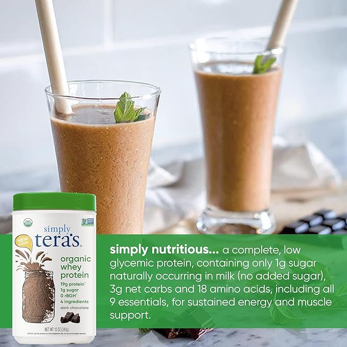 simply tera's organic whey protein powder dark chocolate flavor