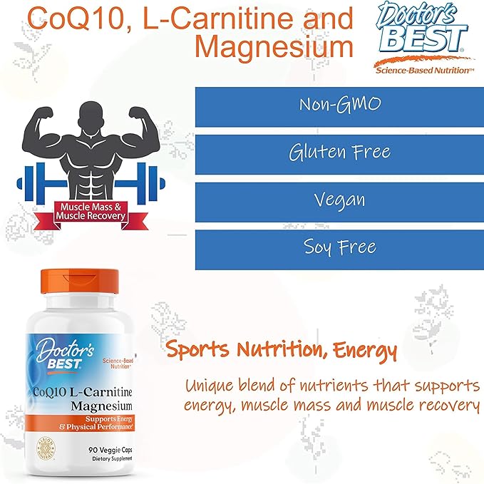 Doctor's Best Coq10/l-Carnitine/Magnesium Unique Blend Supports Energy Muscle Mass &amp Muscle Recovery Veggie Caps 90Count