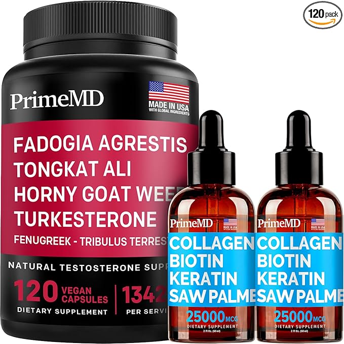 Liquid Collagen Biotin (2pk) and Fadogia Tongkat Ali (1pk) Supplement Bundle - Potent Vitamins for Hair Skin Nails Heart Energy &amp Testosterone Support - Non-GMO Vegan