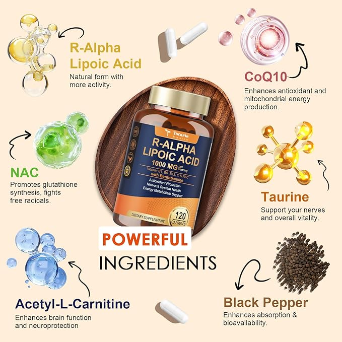 Totaria R Alpha Lipoic Acid 600mg - Stabilized ALA Supplement for Neuropathy Support Capsules Nerve Health Nervous System and Antioxidant Non-GMO Gluten Free Vegan Safe 120 Counts