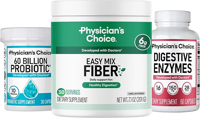 Physician's CHOICE Daily Gut Essentials Bundle: Easy Mix Fiber Digestive Enzymes &amp 60 Billion Probiotic