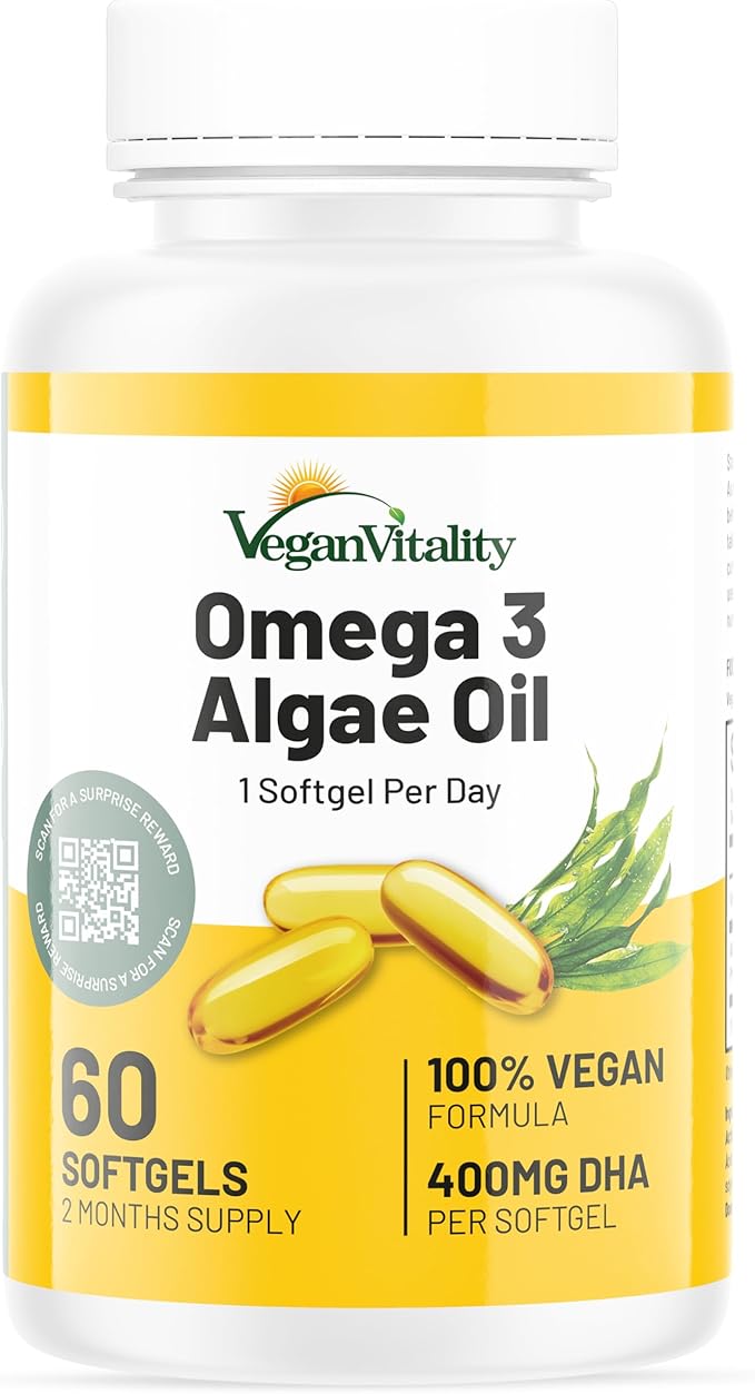 Vegan Vitality Vegan Omega 3 Supplement - 60 Plant Based Algae Oil Soft Gels Essential Fatty Acids with Vegan DHA for Joint Heart &amp Immune Support Without EPA