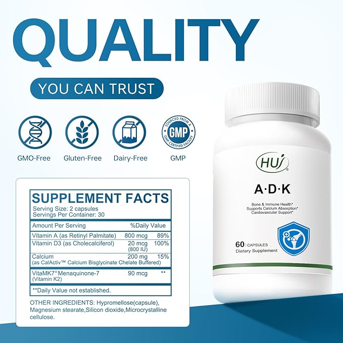 HUJ ADK Supplement 60 Capsules Calcium Vitamins A D3 K2 (MK-7)