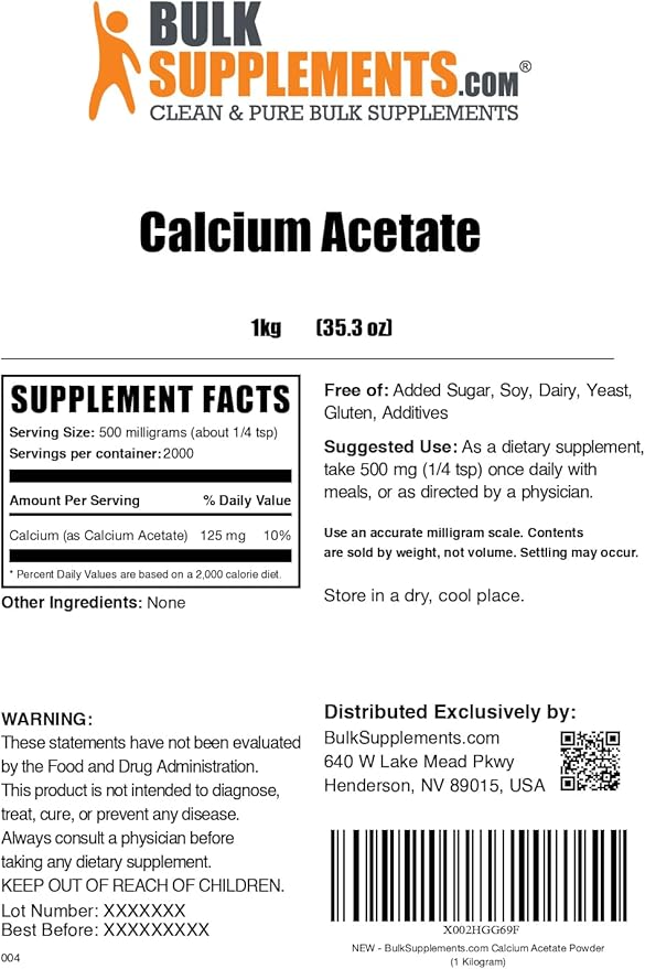BulkSupplements.com Calcium Acetate Powder - Calcium Supplement Food Grade - Pure &amp Gluten Free 500mg per Serving 1kg (2.2 lbs) (Pack of 1)