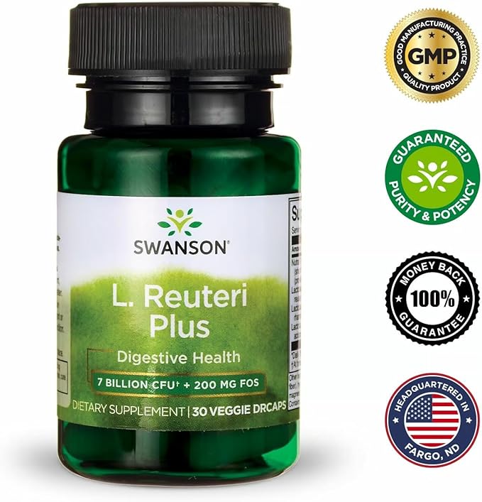 Swanson L. Reuteri Probiotic Plus with L. Rhamnosus L. Acidophilus &amp FOS Prebiotic for Gut-Health-Conscious Adults - 7 Billion CFU (30 Vegan Capsules 3 Pack)
