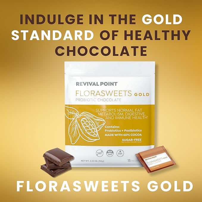 Florasweets Gold Chocolate Bites with Probiotic + Postbiotic Stains DE111 &amp BPL1 - Indivally Wrapped - Supports Digestive &amp Gut Health Bacillus subtilis (1)