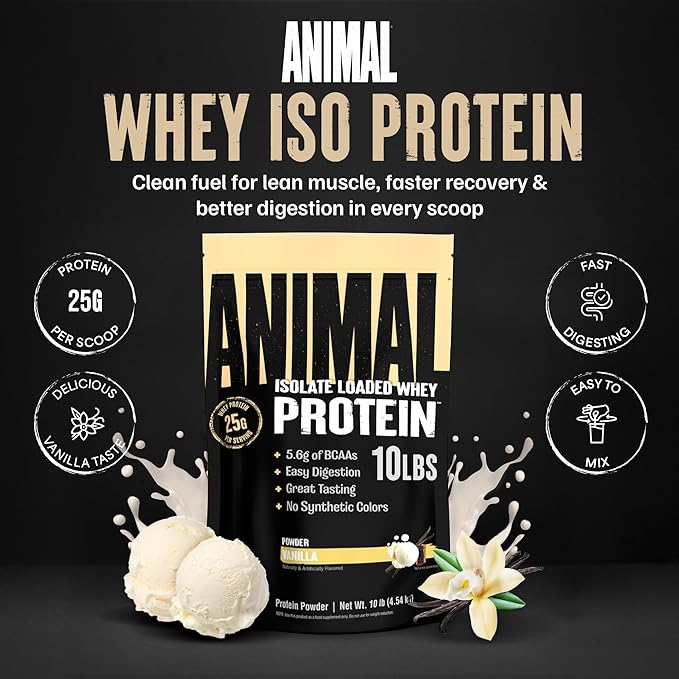 Animal Whey Isolate Protein Powder - Loaded for Pre &amp Post Workout Muscle Builder and Recovery with Digestive Enzymes for Men &amp Women - 25g Protein Great Taste Low Sugar - Vanilla 10 lbs