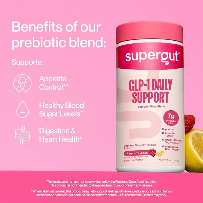 Supergut GLP1 Daily Support - Raspberry Lemon - High Fiber GLP-1 Supplement Powder for Women &amp Men - Sugar-Free Drink Mix for Gut Health &amp Digestive Support (18 Servings)
