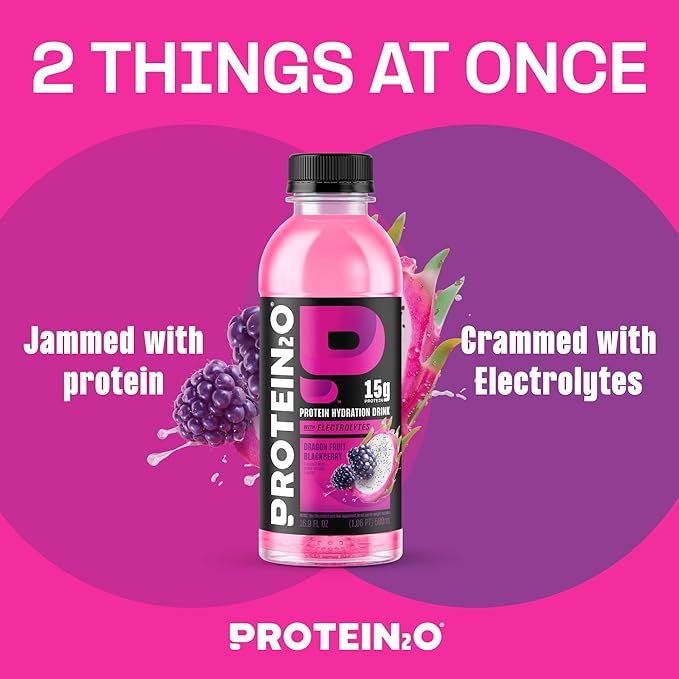 Protein2o Hydration Drink - 2-in-1 Liquid Clear Whey Protein Isolate and Electrolyte Drink - 15g Protein Vitamins B5 B6 - Post-Workout Recovery - 16.9 Fl Oz - 12 Count Dragon fruit Blackberry