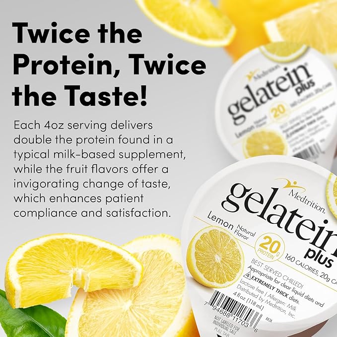 Gelatein Plus Lemon: 20 grams of protein. Ideal for clear liquid diets swallowing difficulties dialysis and oncology. Great pre or post-workout snack. (36 pack)