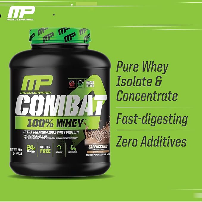 MusclePharm Combat 100% Whey Protein Powder Cappuccino Flavor Fast Recovery &amp Muscle Gain with Whey Protein Isolate High Protein Powder for Women &amp Men Gluten Free 5 lb 70 Servings