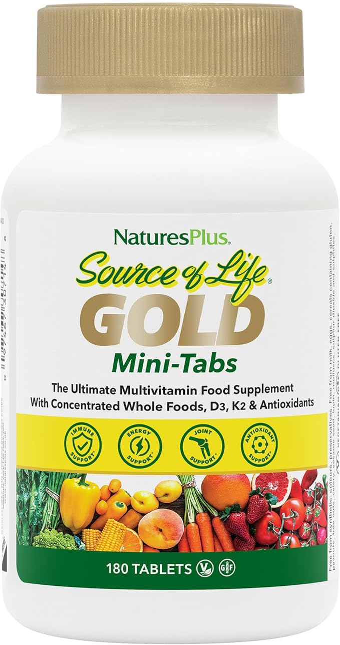 NaturesPlus Source of Life GOLD Multivitamin - 180 Mini-Tabs - With Vitamins D3 B12 &amp K2 - Blood Bone &amp Immune Support - Vegetarian &amp Gluten Free - 30 Servings