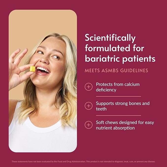 Bariatric Advantage Calcium Citrate Chewy Bites 500 mg - Highly Absorbable &amp Digestible - Vitamin D3 - Easily Chewable Calcium Supplement - Lemon Flavor - 90 Count