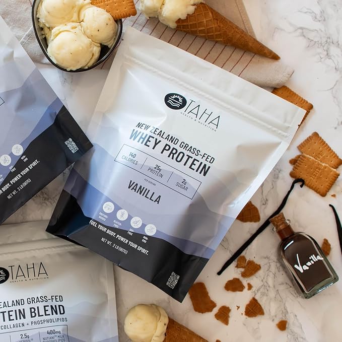 Taha Health &amp Nutrition Vanilla Flavored Whey Protein Concentrate Powder 25g Protein 140 Calories 2g Sugar | New Zealand Grass-Fed Free-Range Dairy | Gluten and Soy Free Keto Kosher | 2LB