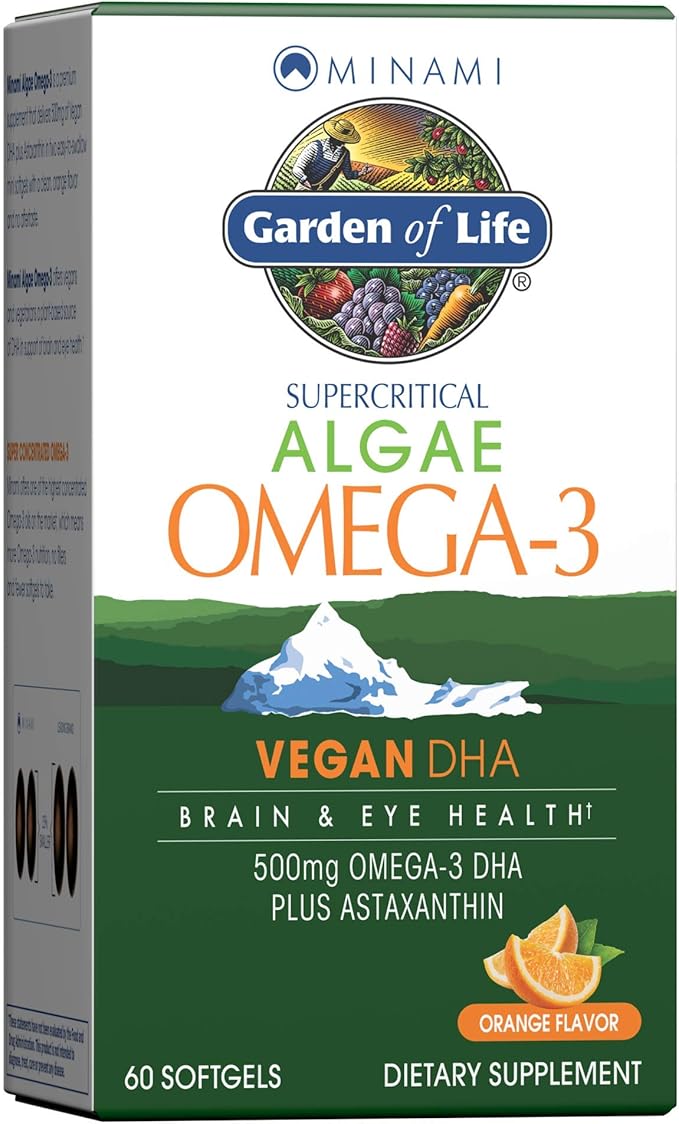 Garden of Life Minami Algae Omega 3 Vegan DHA for Brain and Eye Health - Orange Flavor 500mg Plant Based DHA Omega-3 Vegan Algae Oil plus Astaxanthin No aftertaste 60 easy-to-swallow Mini Softgels