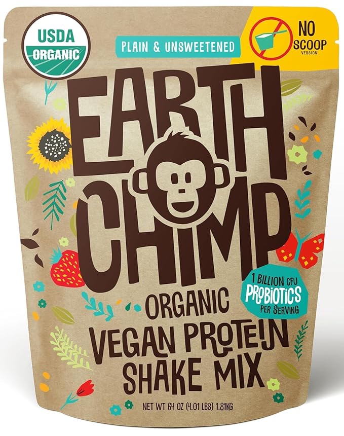 EarthChimp Organic Vegan Protein Powder - with Probiotics - Non GMO Dairy Free Non Whey Plant Based Protein Powder for Women and Men Gluten Free - 52 Servings 64 Oz (Plain &amp Unsweetened) No Sc