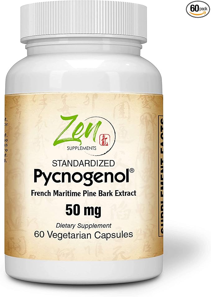 Zen Supplements Pycnogenol 50mg - Standardized French Maritime Pine Bark Extract for Antioxidant &amp Inflammation Support - Non-GMO Gluten &amp Soy Free 60-Vegcaps
