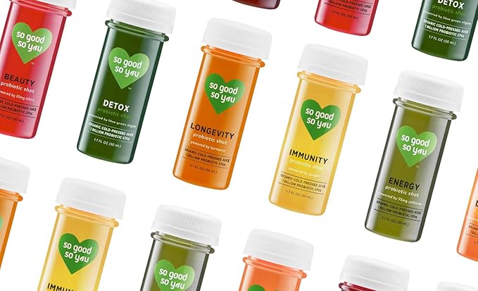 So Good So You | Probiotic Organic Juice Energy Shot | Powered by Natural Caffeine &amp Superfood Moringa | Orange Spinach &amp Mango Juices | 1.7 oz (18 Bottles)