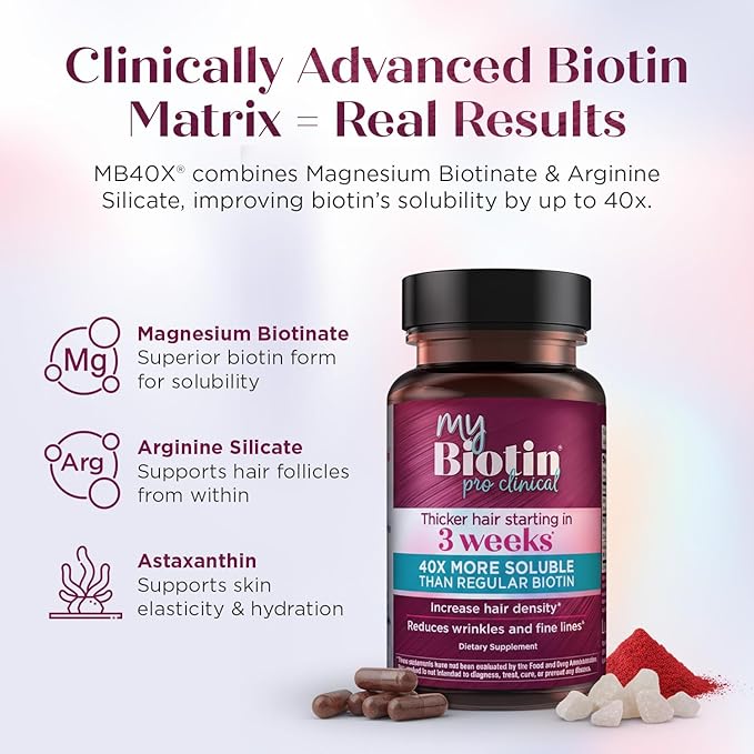 Purity Products MyBiotin ProClinical – Thicker Hair Starting in 3 Weeks &amp Fights Wrinkles - MB40X Patented Biotin Vitamin B7 Matrix w/Astaxanthin - 40X More Soluble vs Ordinary Biotin 90 Veg Caps