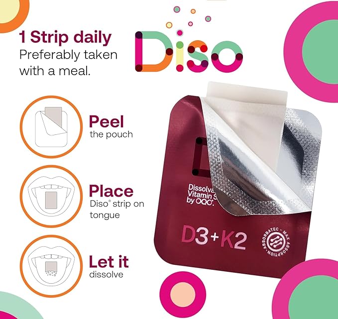 DISO - D3+K2 - Fast-Dissolving Oral Strips Wild Raspberry Flavor Vegan Sugar Free Maximum Absorption Gluten Free Individually Wrapped for Healthy Bones and Teeth 30 Dissolvable Strips
