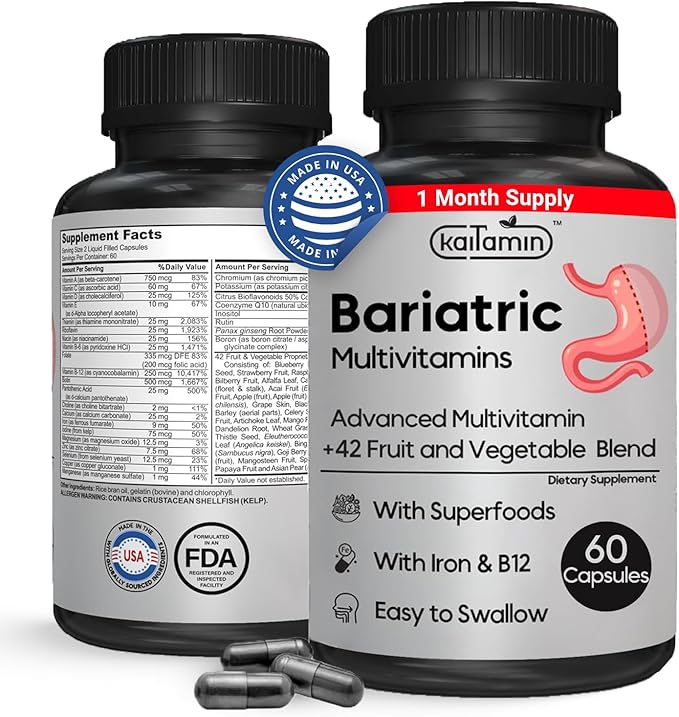 Bariatric Multivitamin with Iron - Easy-to-Swallow Capsule for Post Bariatric Surgery - Post Sleeve and Post Bypass with 42 Fruit &amp Veggies Blend - 60 Liquid Capsules