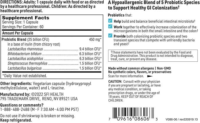 Klaire Labs SFI Health Pro-5 Probiotic - 25 Billion CFU High Dose Multispecies Gut Recolonization Support for Men &amp Women Hypoallergenic &amp Dairy-Free (60 Capsules)