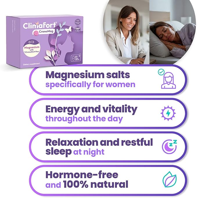 ClimaFort CronoMag | Magnesium for Women in Menopause | 5 Salts Bisglycinate + Glycerophosphate | B12 | Energy Supplement | 1 Month Supply