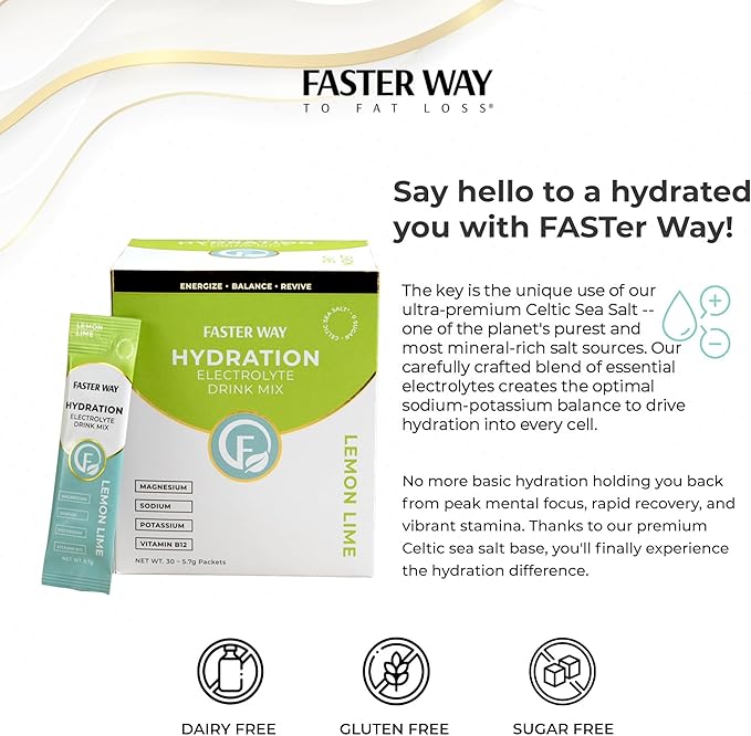 Faster Way - Hydration - Electrolyte Drink Mix - With Apple Cider Vinegar Choline Probiotics &amp Natural B Vitamins - Energize &amp Revive - Powder Packets - Zero Sugars -Gluten Free -Lemon Lime