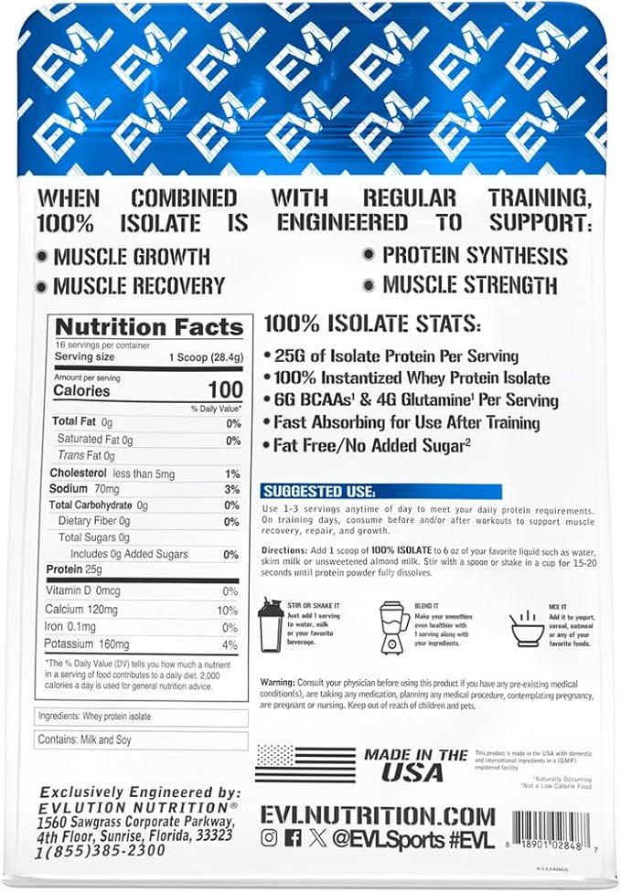 Evlution Nutrition 100% Isolate Whey Isolate Protein Powder 25 G of Fast Absorbing Protein No Sugar Added Low-Carb Gluten-Free (Unflavored 1 LB)