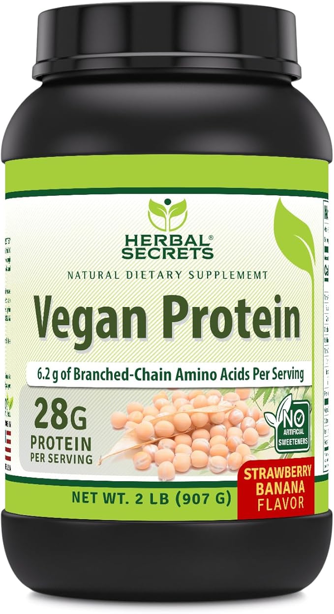 Herbal Secrets Vegan Protein | 28 Grams Protein | 23 Servings | 6.2 Grams BCAA Supplement | Made in USA (2 Lb Strawberry Banana)