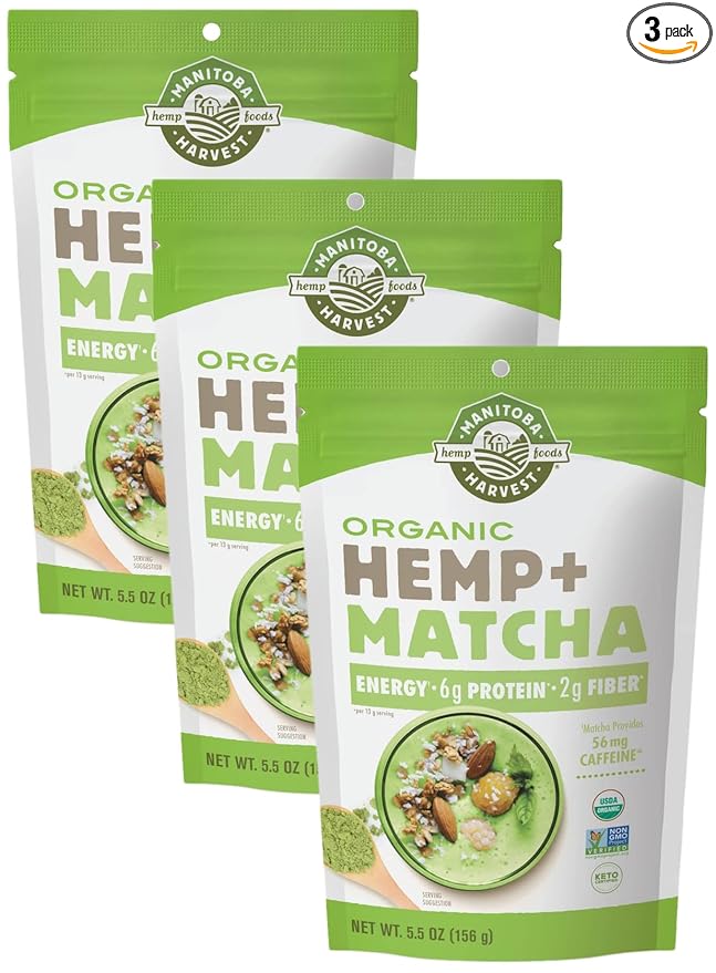 Manitoba Harvest Organic Hemp &amp Matcha Powder 5.5 oz – Energy 6g of Protein 2g of Fiber per Serving – Matcha Protein Powder - Blend in Smoothies – Vegan Non-GMO Project Verified - 56g of Caffe