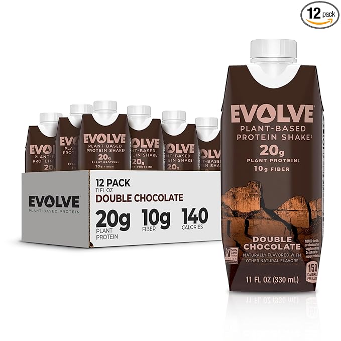 Evolve Plant Based Protein Shake Double Chocolate 20g Vegan Protein Dairy Free No Artificial Sweeteners Non-GMO 10g Fiber 11 Fl Oz (Pack of 12) - (Formula May Vary)