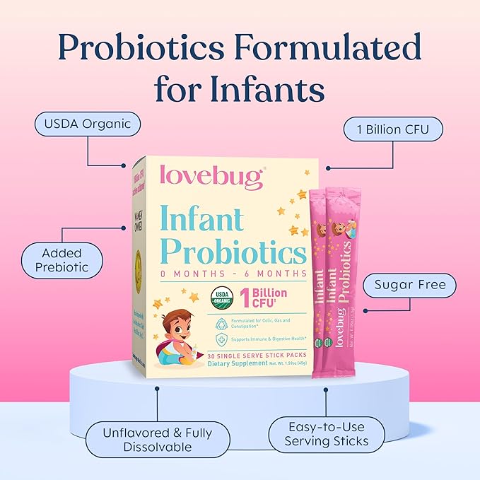 LOVEBUG Infant Probiotics 0-6 Months - USDA Organic Probiotics for Babies Supports Baby Gas Colic Diarrhea and Newborn Constipation Relief Allergen &amp Sugar Free Tasteless Powder 30 Pack