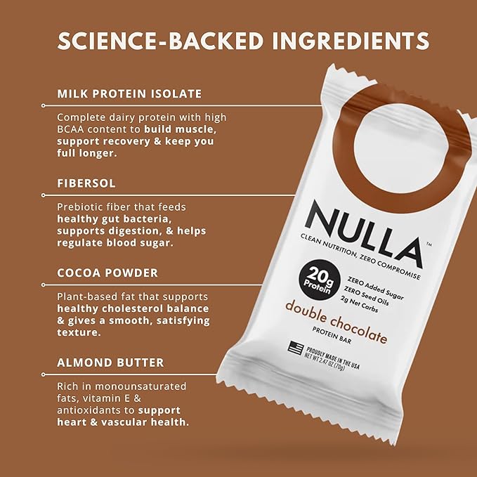 Nulla Bar 12 Count Box NO SEED OILS 20 grams Protein 2-3g Net Carbs (Double Chocolate)