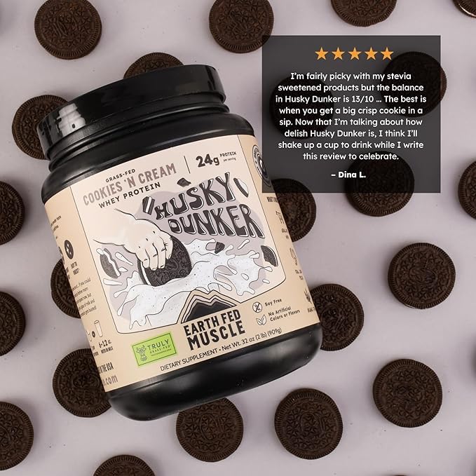 Earth Fed Muscle Husky Dunker Cookies N' Cream Truly Grass Fed Whey Protein Powder - No Artificial Ingredients Soy Free Non-GMO and Hormone Free (2 Pound 27 Servings Cookies n' Cream)
