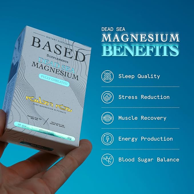 Based Dead Sea Magnesium | Pure Magnesium Glycinate | Support Stress Relief Sleep Heart Health Nerves Muscles and Metabolism | 60 Capsules
