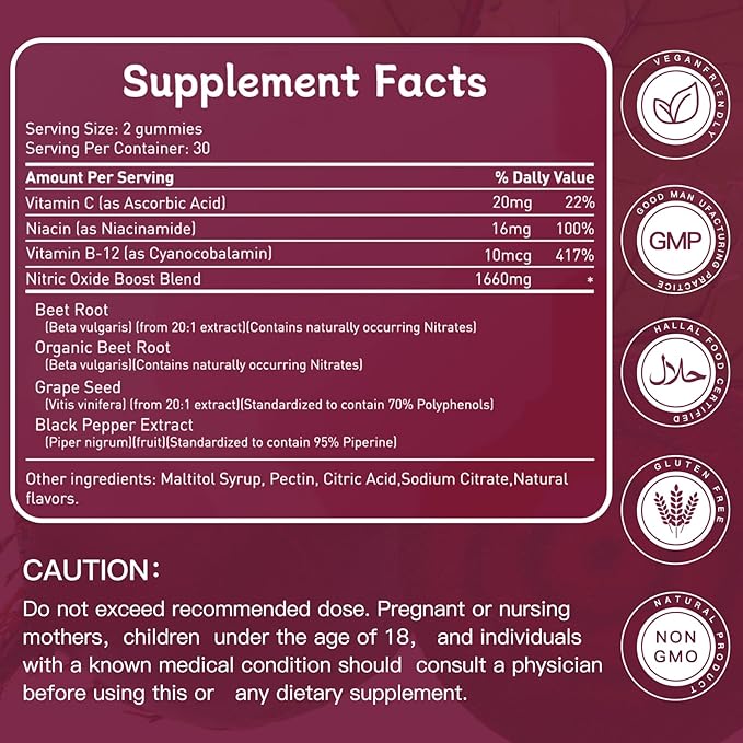 Beet Root GummiesSuper Nitric Oxide Beets SupplementGrape Seed&ampBlack Pepper ExtractVitamin C &amp B12Supports Blood Pressure&ampEnergyMixed Berry20:1 Beetroot120 Beet Chews