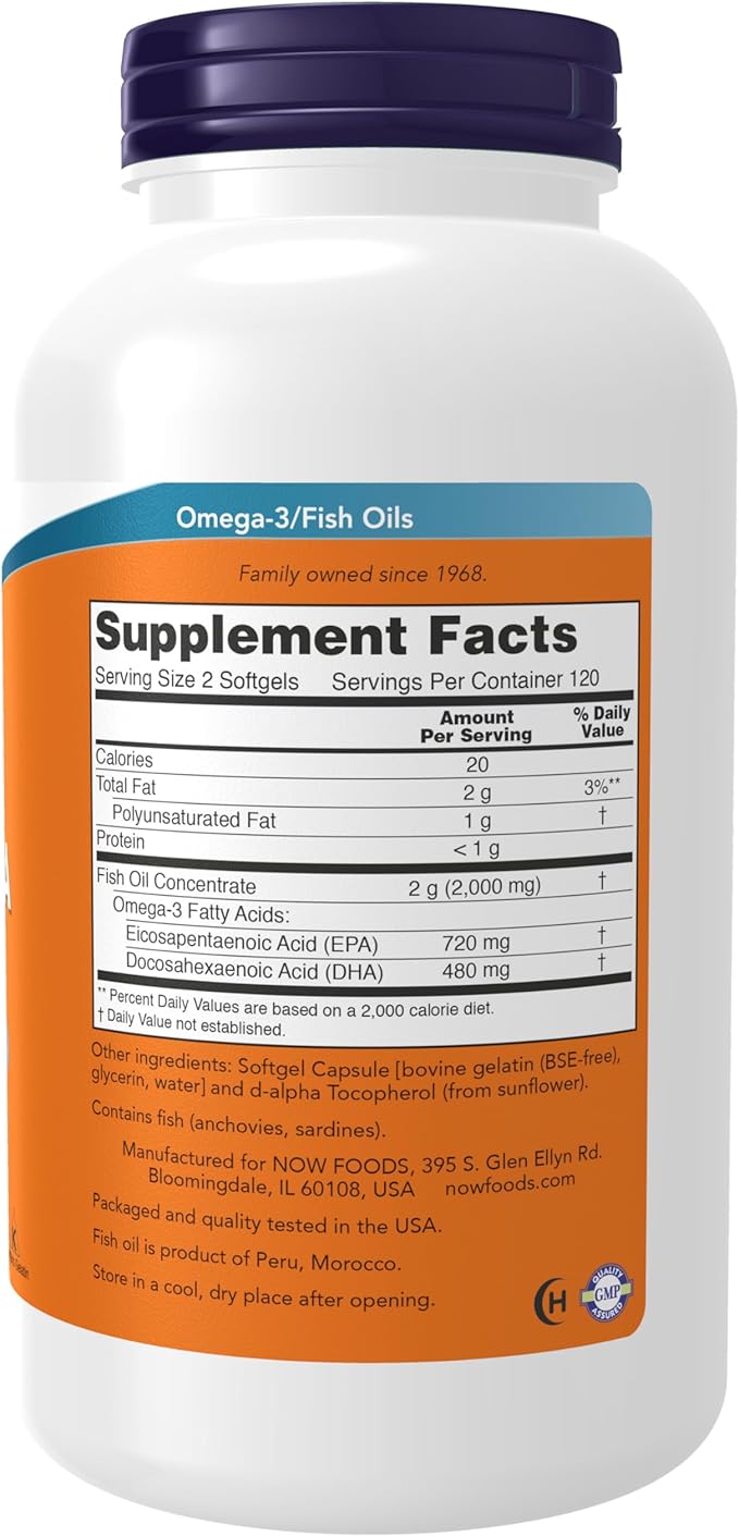 NOW Foods Supplements Super Omega EPA 360 EPA / 240 DHA Molecularly Distilled Cardiovascular Support* 240 Softgels