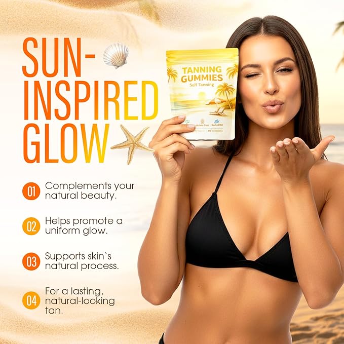 Tanning Gummies with Beta Carotene &amp Lycopene Collagen &amp Vitamins for Skin Glow Hydration &amp Daily Vitality Support Natural Bronze Look – 60 Gummies（1）