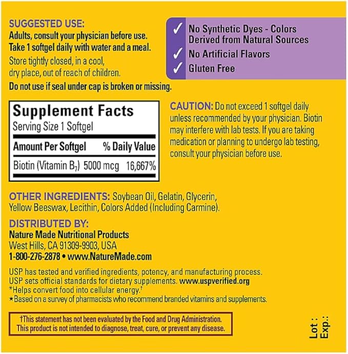 Nature Made Biotin Maximum Strength 5000 MCG - Hair Skin and Nails Support - 180 Softgels Plus Bonus 2 Sugar Free White Peach Hydration Sticks