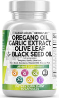 Clean Nutra Oregano Oil with Black Seed Oil Garlic Olive Leaf Extract - Oil of Oregano Capsules Immune Support Carvacrol &amp Thymoquinone Supplement for Women and Men + Elderberry Vitamin D3 &amp Z