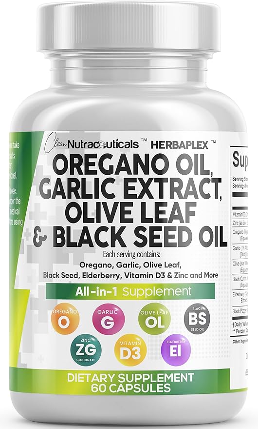 Clean Nutra Oregano Oil with Black Seed Oil Garlic Olive Leaf Extract - Oil of Oregano Capsules Immune Support Carvacrol &amp Thymoquinone Supplement for Women and Men + Elderberry Vitamin D3 &amp Z
