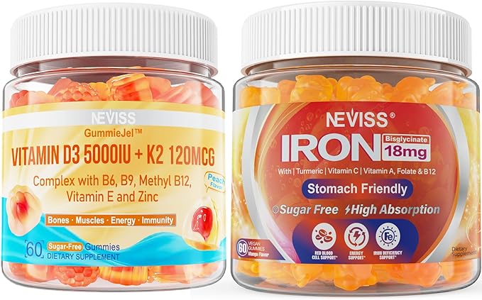 NEVISS Vitamin D3 5000IU + K2 (MK-7) 120mcg Sugar-Free Vegan Iron Gummies Supplement with Vitamin C B12 Folate &amp Turmeric - Energy &amp Immune Health